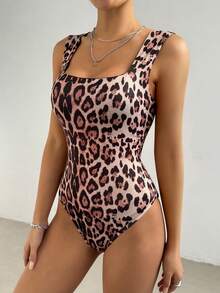 SHEIN EZwear Bộ đồ liền thân không tay họa tiết da báo dành cho nữ - màu nâu - Xem 4