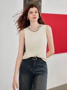 MOTF STUDIO WOMEN'S SUMMER RHINESTONE DECOR ROUND NECK ELEGANT TANK TOP - White - View 9