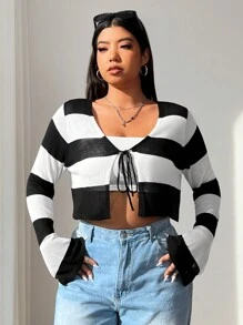 SHEIN EZwear Cardigan de punto a rayas negras y blancas con lazo delantero de manga larga, talla grande, para uso casual