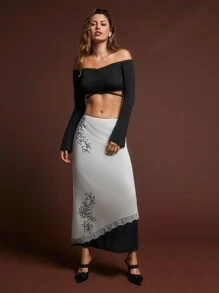 SHEINNeu Váy dài viền ren họa tiết khối màu trang nhã dành cho nữ, Váy dài xuân hè thu đông Váy trắng trang phục đi chơi - Nhiều màu - Xem 1