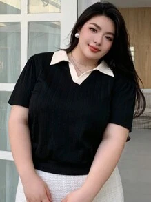 Dazy Plus Color Block Splice Lapel Solid Fitted Short Sleeve Slim Fit T-Shirt, Spring/Summer,Teacher Outfits - Black - View 8