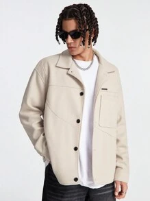 Manfinity VCAY Men's Solid Color Loose Fit Woolen Casual Jacket, Fall Plain Fashion Overcoat For Friends