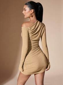 SHEIN BAE Women's Autumn/Winter Yellow Solid Color Long Sleeve Knit Off-Shoulder Ruched Bodycon Mini Dress - Yellow - View 2