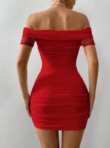 Firerie Đầm mini bodycon tay ngắn hở vai đính cườm cho nữ - Đỏ - Xem 2