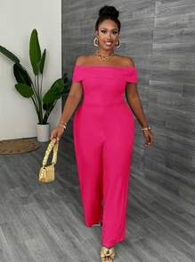 Slaydiva Plus Size Elegant Solid Color Off-Shoulder Slim Fit Jumpsuit For Women, White, Summer