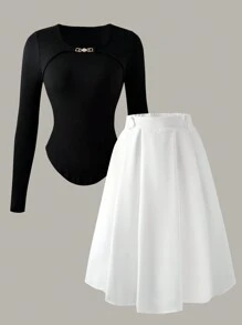 少女休闲黑色紧身长袖 T 恤和白色长裙 2 件套，适合正式场合 - 黑色 - 查看 3
