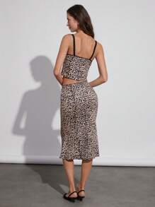 SHEIN EZwear Bộ áo liền quần phối ren nơ thời trang gợi cảm và váy ôm sát, Xuân/Hè - màu nâu - Xem 2