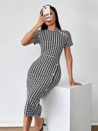 SHEIN Privé Kvinnors sommar Houndstooth rundhalsad kortärmad Elegant klänning