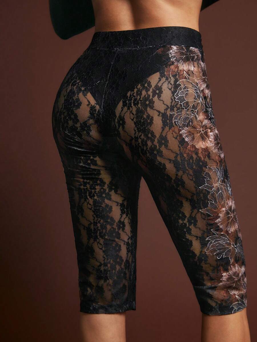 SHEINNeu Women's Sexy Sheer Floral Lace Long Pants, Summer Leggings Women's Jogging Pants Women's Jogging Pants Women's Leggings Women's Leggings - Multicolor - View 1