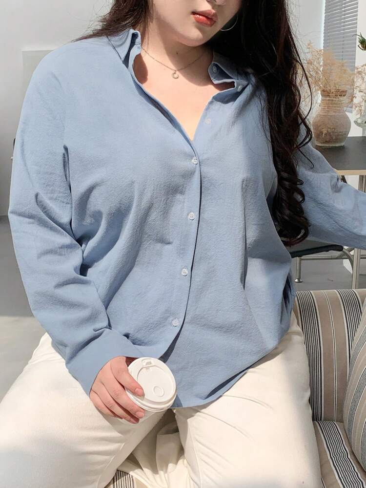 Dazy Plus Plus Size Solid Color Loose Regular Turndown Collar Long Sleeve Shirt, Spring/Summer/Autumn,Fall Women Clothes