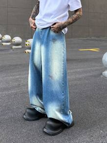 Manfinity Roghcode Y2K 复古街头风格男士深蓝色复古水洗牛仔裤，带污渍和破旧外观，宽腿宽松牛仔裤