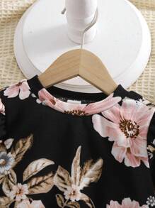 SHEIN Baby Girl's Floral Print Ruffled Long Sleeve Sweatshirt And Elastic Waist Pants Set, Autumn/Winter