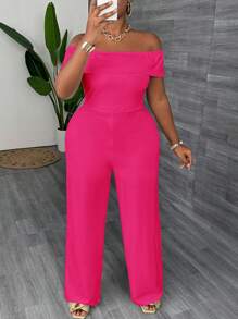 Slaydiva Plus Size Elegant Solid Color Off-Shoulder Slim Fit Jumpsuit For Women, White, Summer