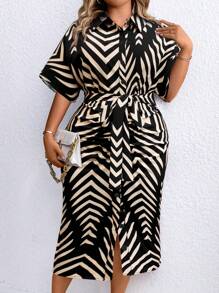 SHEIN Clasi Vestido Camisa com Botões na Frente Bloco de Cores em Espinha de Peixe para Verão, Plus Size, Estilo Casual para Mulheres - Preto - Visão 5