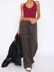 Mystra Women's Solid Color Sexy Backless Halter Neck Top - Burgundy - View 7