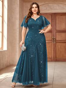 Đầm dạ hội đính sequin ren cổ tim tay bồng, đầm dự tiệc sang trọng, đầm dự tiệc cưới, thích hợp cho sinh nhật, lễ tốt nghiệp, dạ hội mùa xuân. - Màu xanh bụi bặm - Xem 5