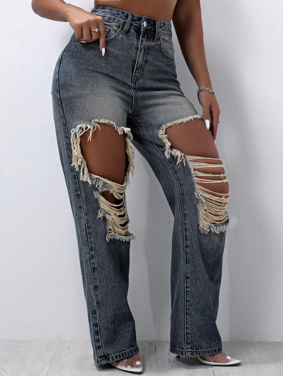High Waist Ripped Pocket Straight Leg Jeans, Street Style Denim Look For Women Casual Spring