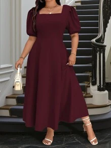Celure Vestido casual de manga corta con cuello cuadrado liso para mujer de tallas grandes, conjunto de mujer color borgoña