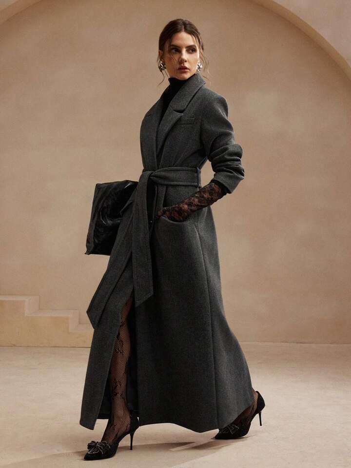 Anewsta Women's Grey Midi Length Tied Waist Notch Lapel Coat