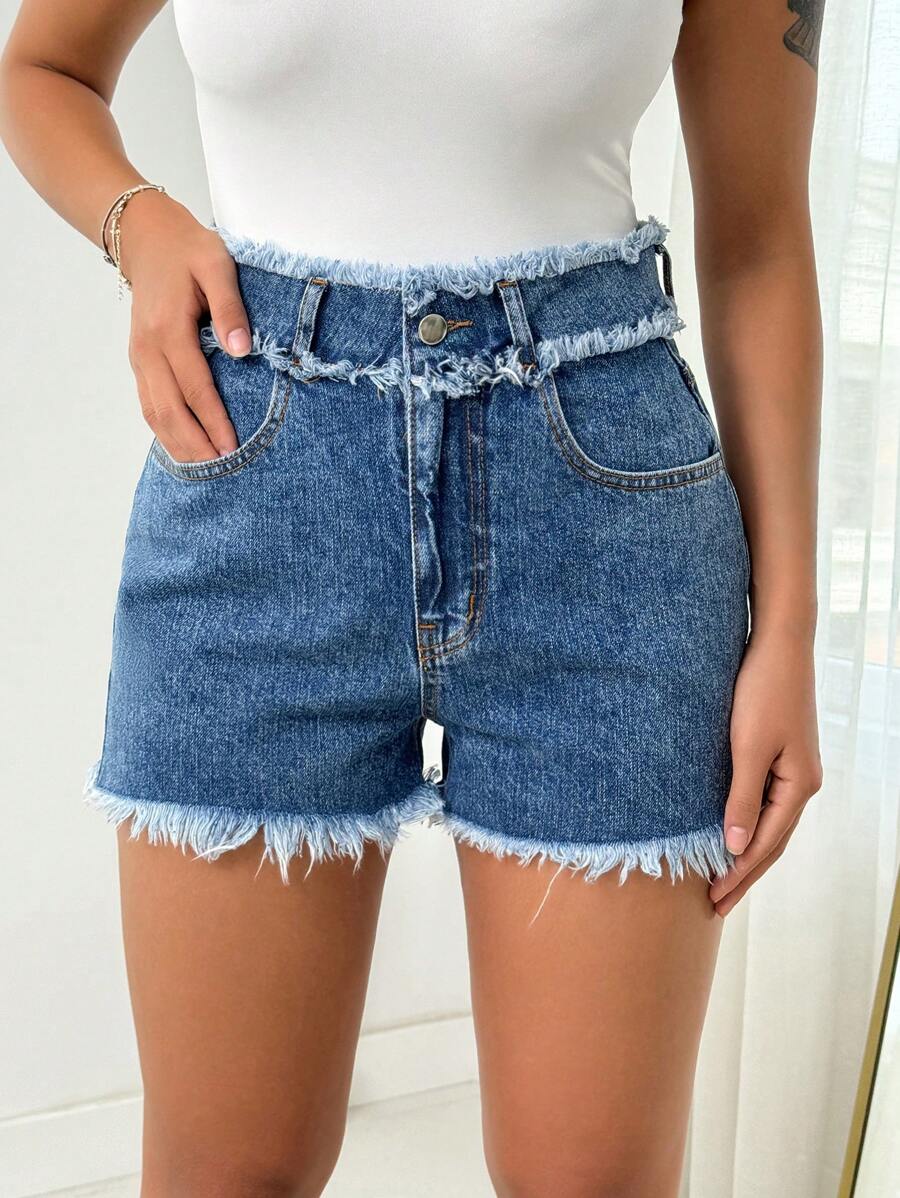 EURMUSE FRAYED DETAIL LOW WAIST JEAN SHORT - Medium Wash - View 1