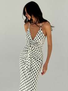 Aloruh 春夏時尚獨特波點印花三維花朵裝飾性感低胸深V領無袖露背人魚裙