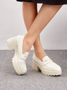 CUCCOO BIZCHIC Zapatos de mujer de suela gruesa minimalistas blancos PU tipo mocasín con cuña, para vacaciones de verano, en de verano, elegantes básicos, casuales de negocios, y sofisticados de negocios