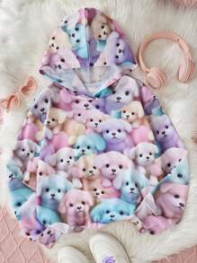 Tween Girl 休闲可爱小狗印花套头衫，适合度假、上学和工作