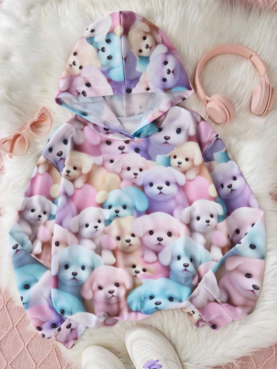 Tween Girl 休闲可爱小狗印花套头衫，适合度假、上学和工作