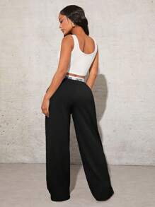 SHEIN SXY Women's Simple Letter Print Patchwork Casual Wide Leg Black Sweatpants - Black - View 4
