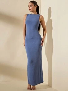 SHEIN BAE Women Fall Long Sleeveless Solid Blue Textured Dress - Blue - View 1