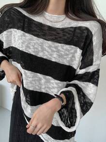DAZY Women's Loose Fit Black And White Striped Sweater Fall - Black and White - View 1