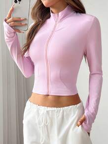 SHEIN EZwear 女士夏季休闲纯色立领短款防晒夹克 - 粉色 - 查看 5