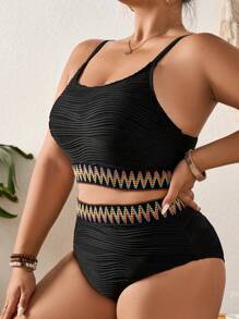 Plus Size Tummy Control Bikini Set, Spaghetti Strap Backless Textured Top And Printed Casual Shorts Summer Beach - Black - View 5