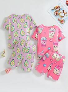 年轻女孩校园紧身睡衣套装，简约全身趣味印花图案短裤和紧身短袖，休闲两件套 - 彩色 - 查看 2