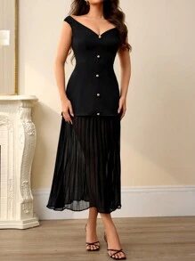 Aveloria Rosie Vestido elegante de gasa sin mangas con escote en V con parches de volantes