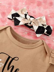Vintaside Kids 3pcs Baby Girls' Cute Heart & Leopard Print Long Sleeve Bodysuit, Ruffled Letter Tee And Pants Set, For Christmas - Khaki - View 4