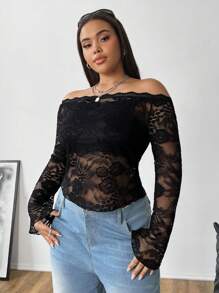SHEIN EZwear Plus Size Women Simple Off-Shoulder Lace Blouse - Black - View 6