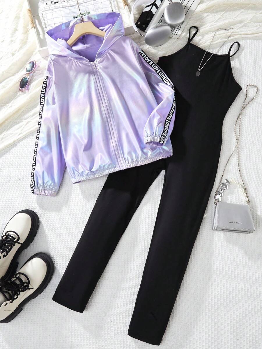 2 件套女童休闲时尚街头时尚复古简约通勤度假全息面料夹克和连体裤套装