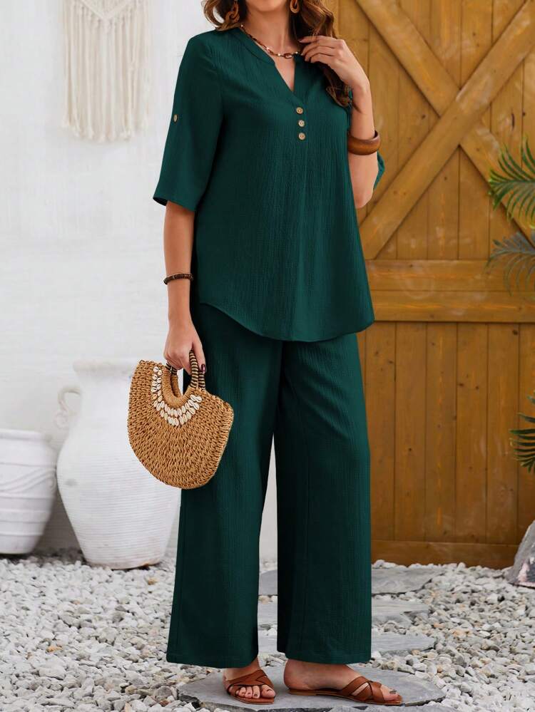 2pcs Women's Casual Notched Neck Short Sleeve Top And Pants Set, Summer Outfit