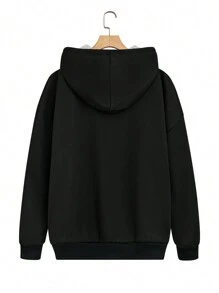 SHEIN LUNE 4XL Plus Kích thước màu tương phản có mũ trùm đầu dài tay Áo nỉ lông cừu dành cho nữ, mùa thu đông - màu đen - Xem 2