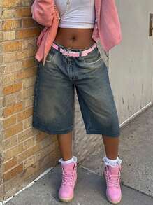 Y2K 复古水洗斜插口袋猫须喇叭百慕大牛仔裤，及膝牛仔短裤，休闲七分裤