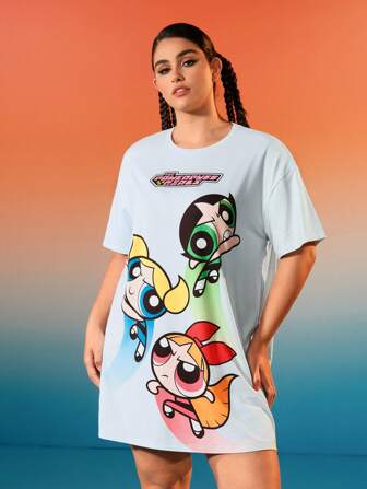 THE POWERPUFF GIRLS X SHEIN 大码休闲 Y2K 可爱浅蓝色人物图案短袖 T 恤睡袍