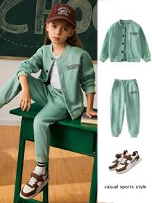SHEIN Explorewe 2 piezas Chaqueta y pantalón de chándal con cintura elástica, estampado de letras de unicolor grueso, manga raglán, casual y deportivo para niñas - Verde - Ver 1
