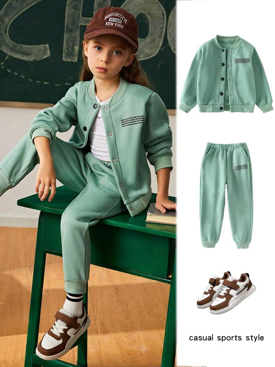 SHEIN Explorewe 2 piezas Chaqueta y pantalón de chándal con cintura elástica, estampado de letras de unicolor grueso, manga raglán, casual y deportivo para niñas - Verde - Ver 1