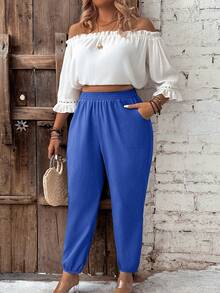 SHEIN Clasi 大码褶皱口袋直腿休闲舒适时尚裤子 - 藍色 - 查看 5