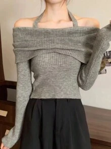SHEIN EZwear Women's Solid Color Cold Shoulder Pullover Sweater, Spring & Autumn