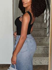 Women's Comfortable Bow Decor Strap Y2K Tank Top With U-Neck - màu đen - Xem 2