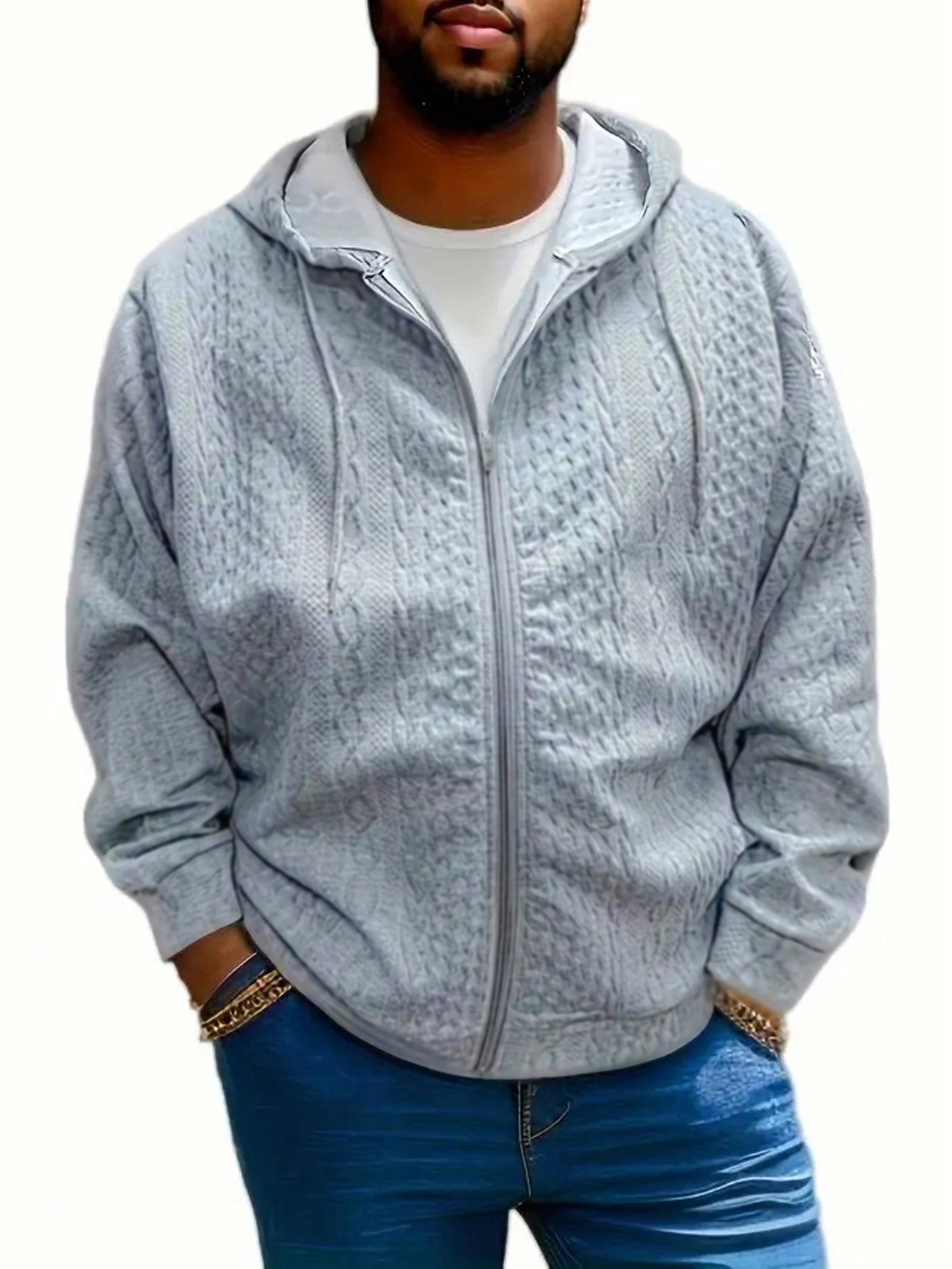 Manfinity Dauomo Plus Size Men's Casual Solid Color Textured Hoodie Sweatshirt, Fall/Winter