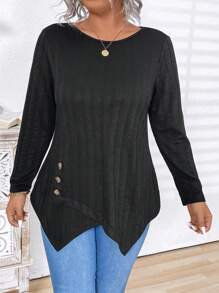 Plus Size Women Asymmetrical Hem Buttoned Casual Pullover Top Tee Shirt In Black, Fall/Winter - Black - View 6