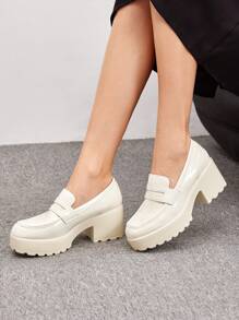 CUCCOO BIZCHIC Zapatos de mujer de suela gruesa minimalistas blancos PU tipo mocasín con cuña, para vacaciones de verano, en de verano, elegantes básicos, casuales de negocios, y sofisticados de negocios